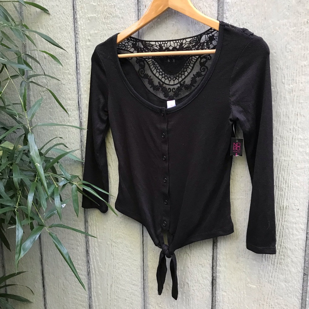 NWT No Boundaries embroidered lace knot black top - Picture 2 of 6